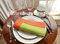 Multicolored Hemstitch Diner Napkin.Macaw Green & Scarlet Iblis - Click Image to Close